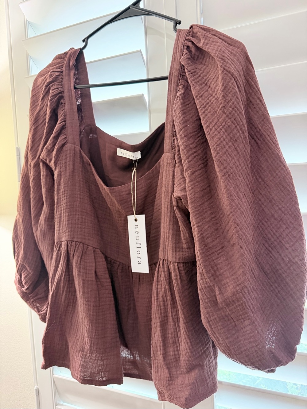 Neuflora Women's Smocked Peasant Blouse in Mauve Brown
